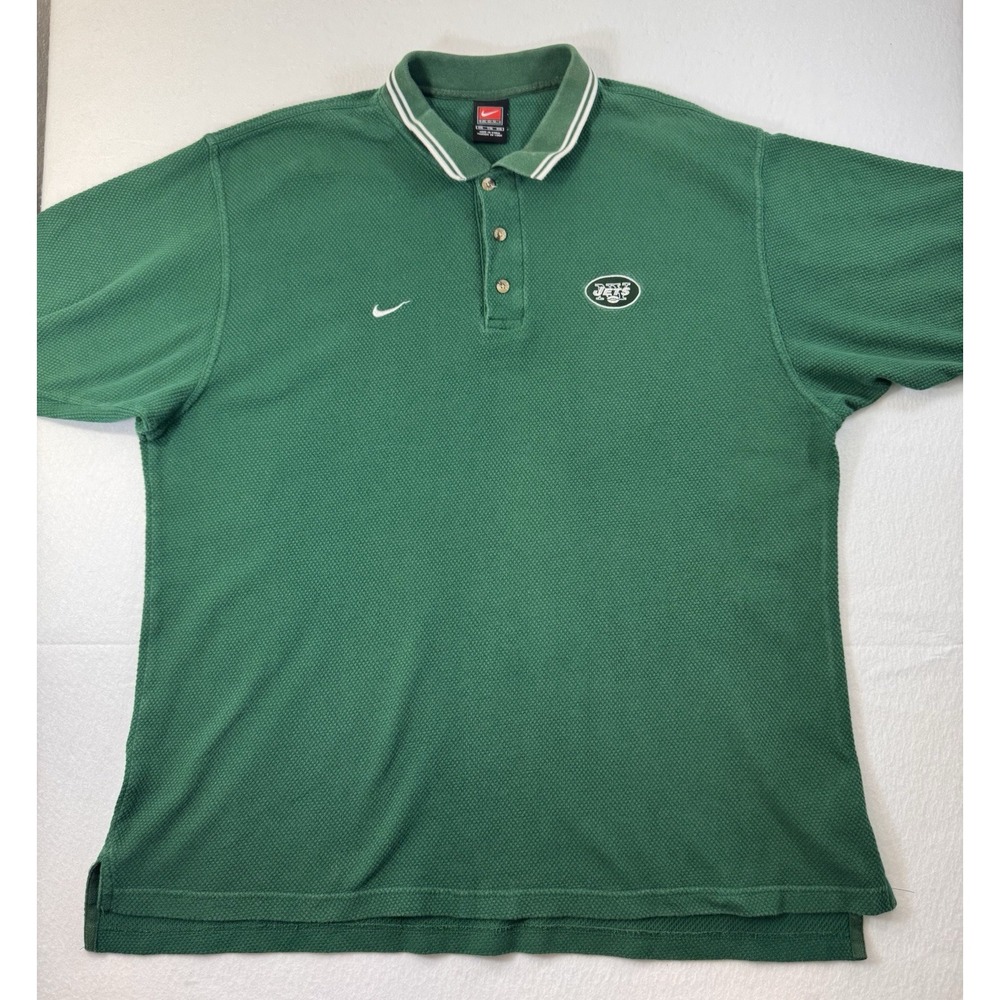 Vintage Nike NY Jets Textured Polo Shirt 2XL Green Embroidered NFL Logo Cotton